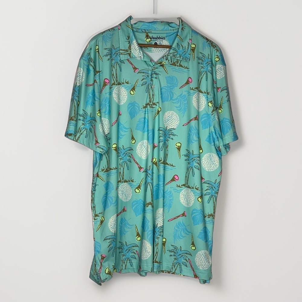Chubbies XXL Golf Polo Shirt Turquoise Tropical Palm Golf Ball Print